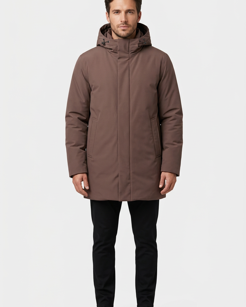 Hudson Brown winter jacket on model, front view