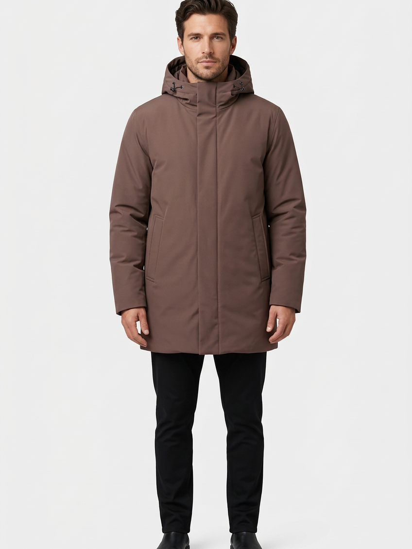 Hudson Brown winter jacket on model, front view