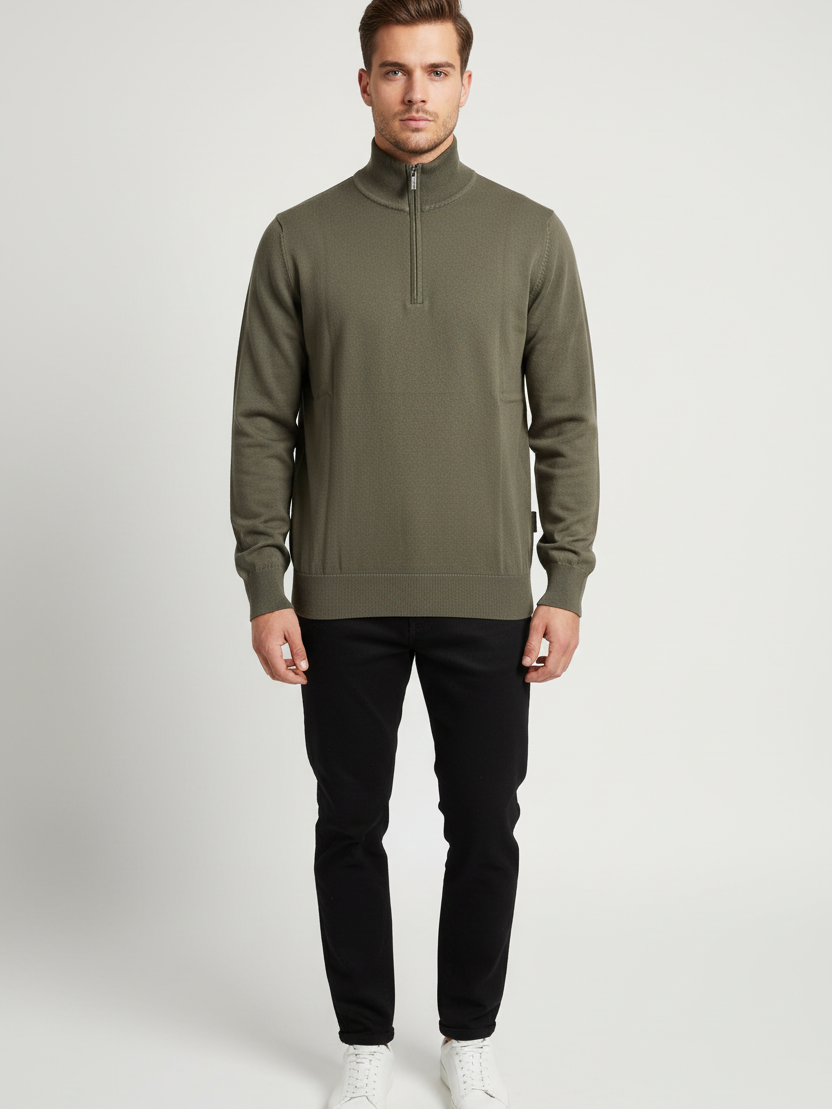 Close view of the neckline, shoulder construction and texture of the Shrap khaki pullover