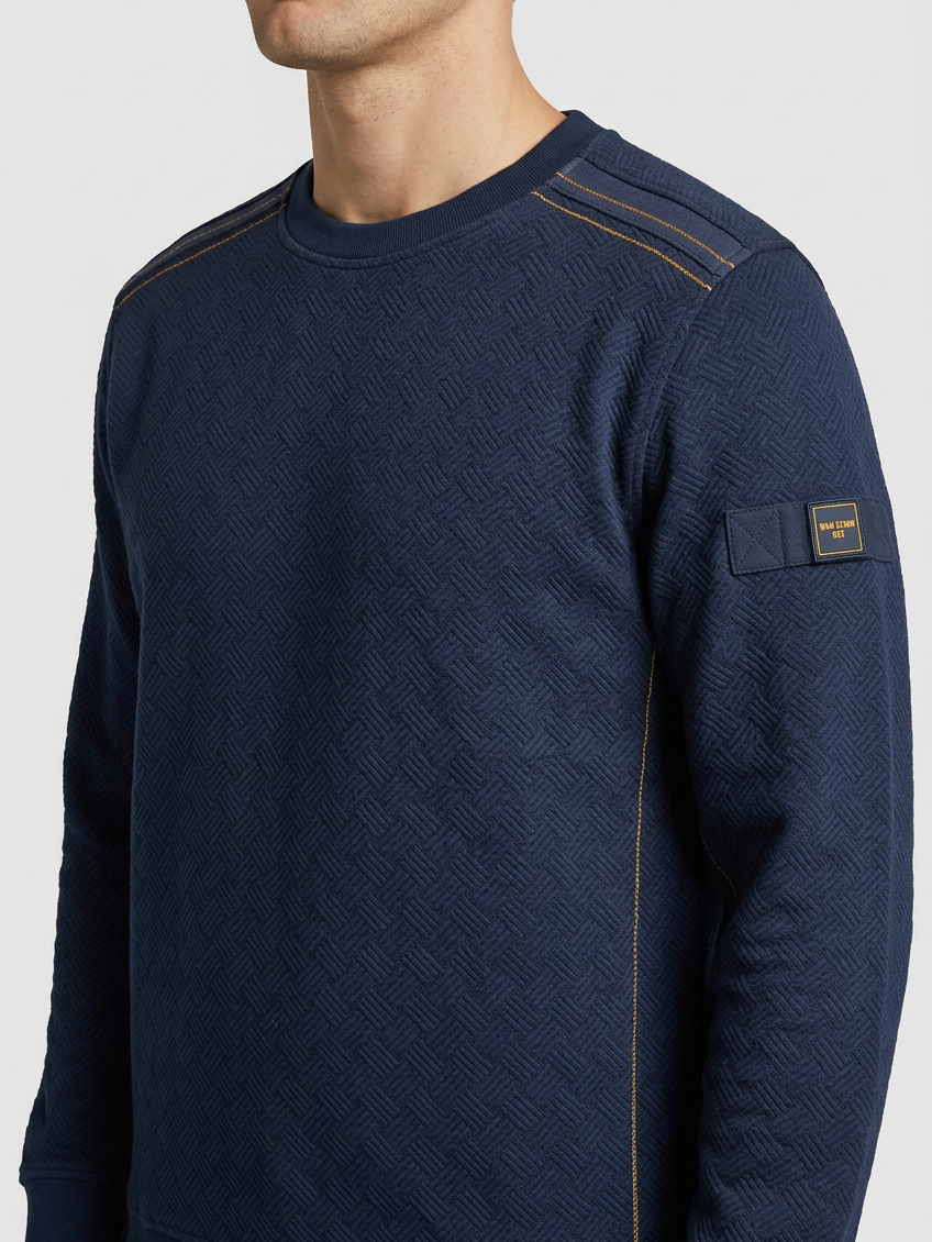 Thuron Navy sweater texture and sleeve detail on model