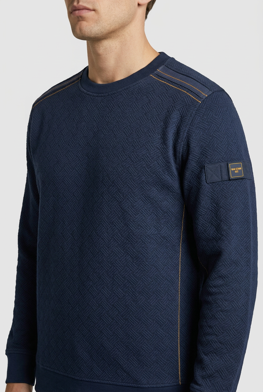 Thuron Navy sweater texture and sleeve detail on model