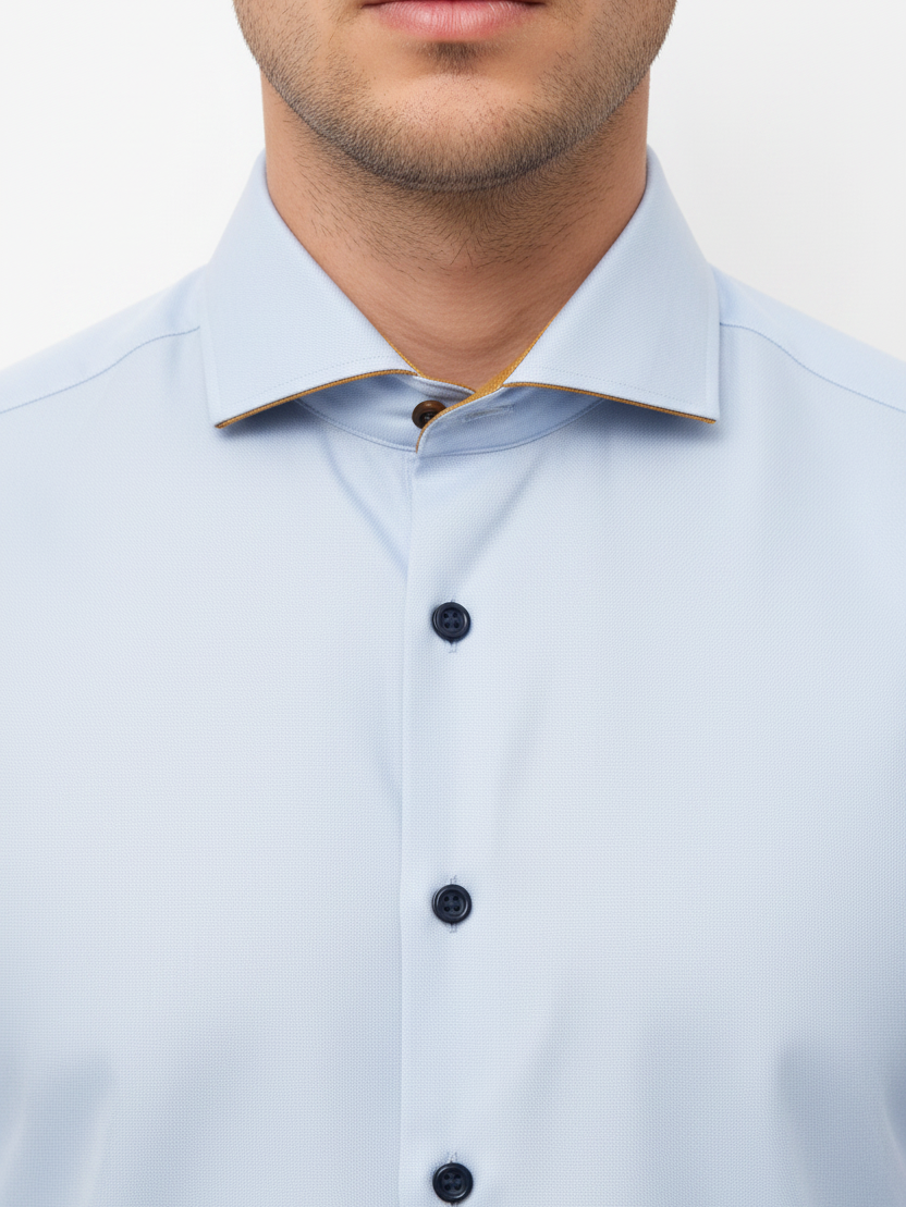 Wam Denim Ordin Light Blue Shirt – spread collar with mustard gold inner lining close-up