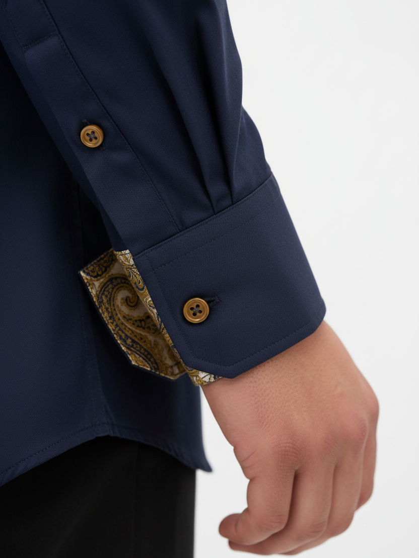 Wam Denim Ordin Navy Shirt – long sleeve cuff with gold paisley lining and gold button