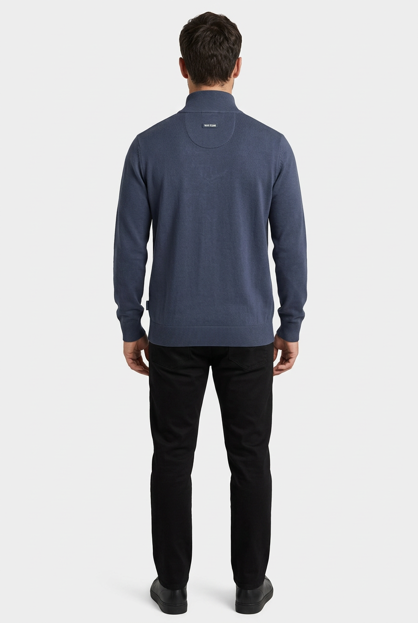 Mist Navy pullover on model, back view