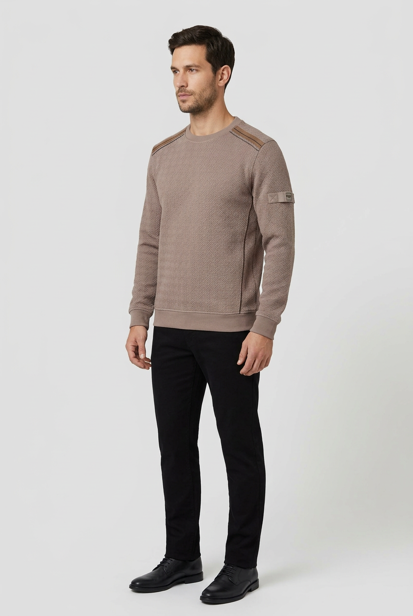 Thuron Light Brown sweater on model, side view