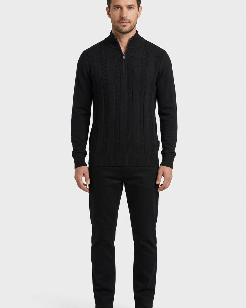 Mist Black pullover on model, front view