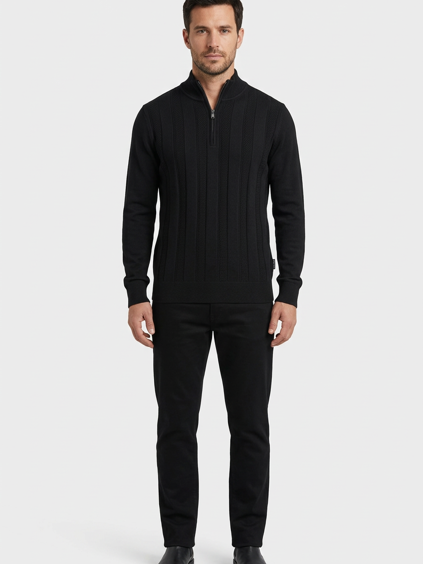 Mist Black pullover on model, front view