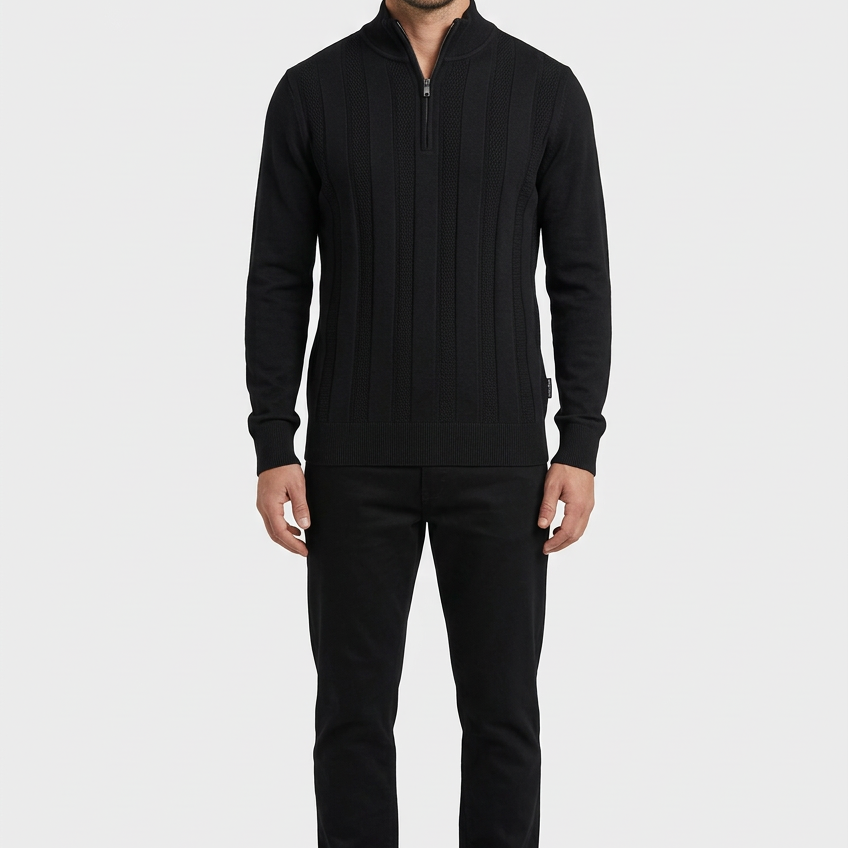 Mist Black pullover on model, front view