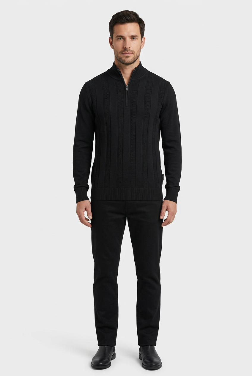 Mist Black pullover on model, front view