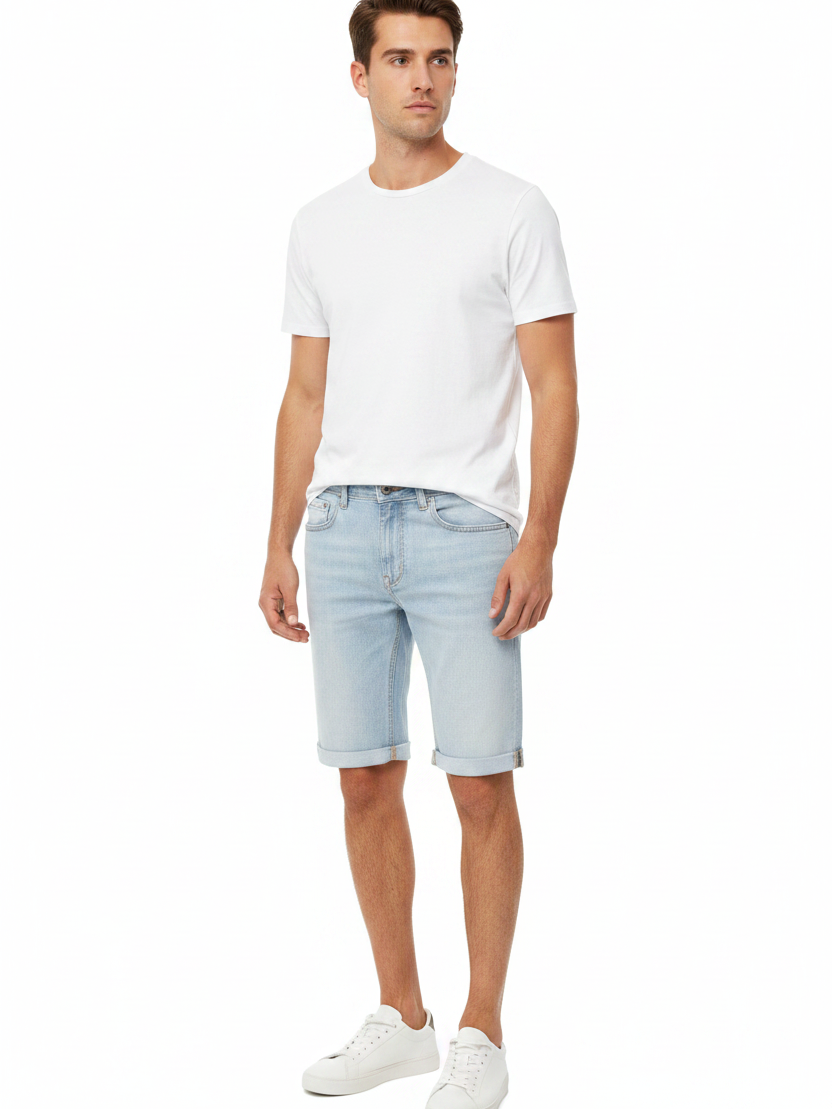 Front 3/4 angle - Yevan Light Blue Denim Shorts on model