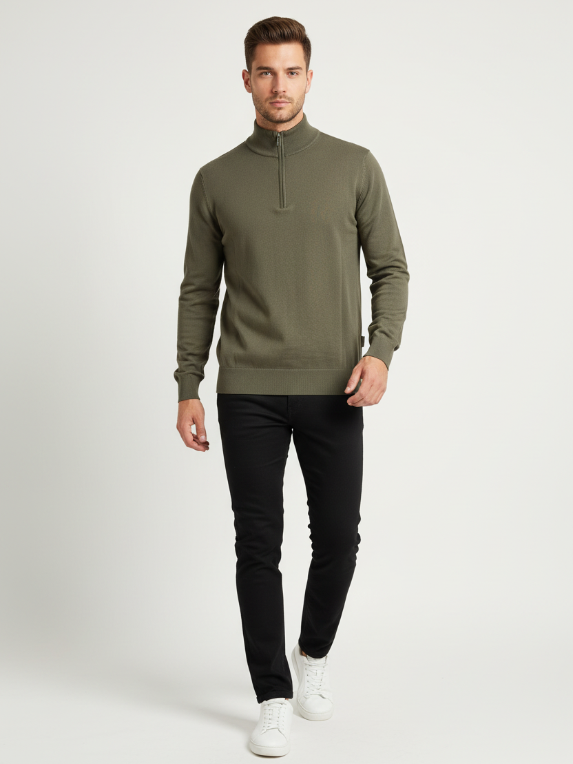 Male model in a walking pose wearing the Wam Denim Shrap khaki pullover