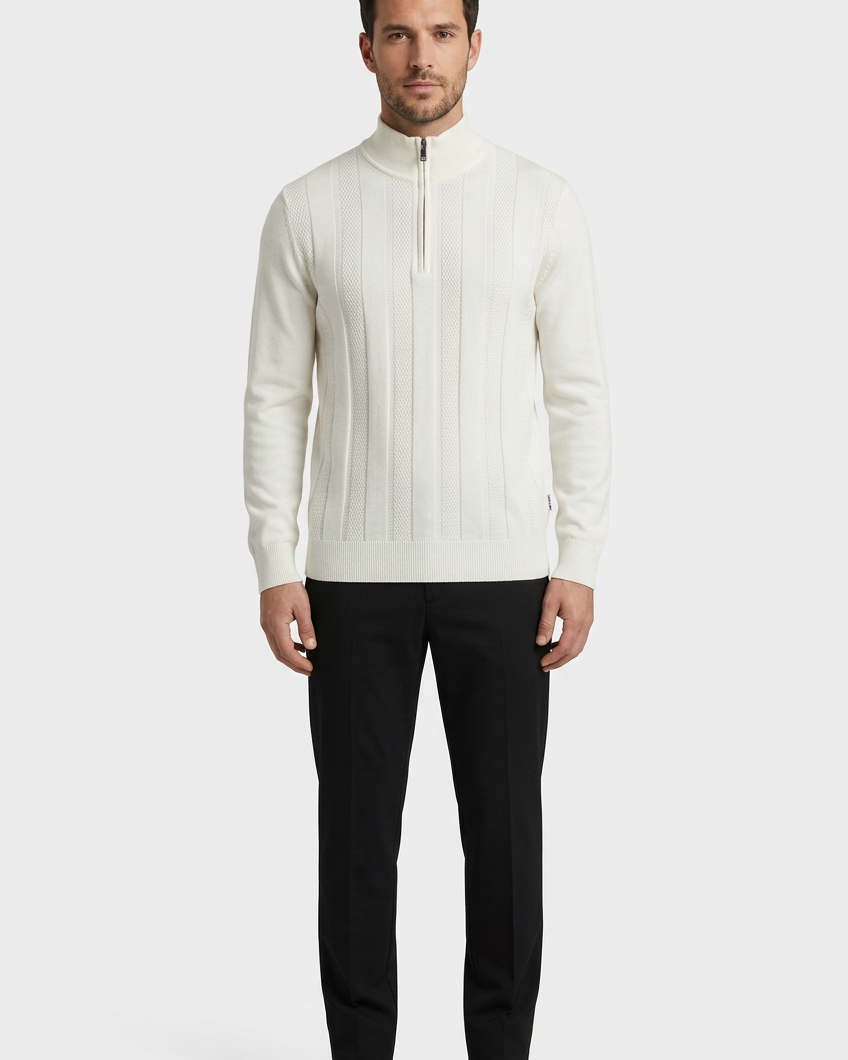Mist Off White pullover on model, front view