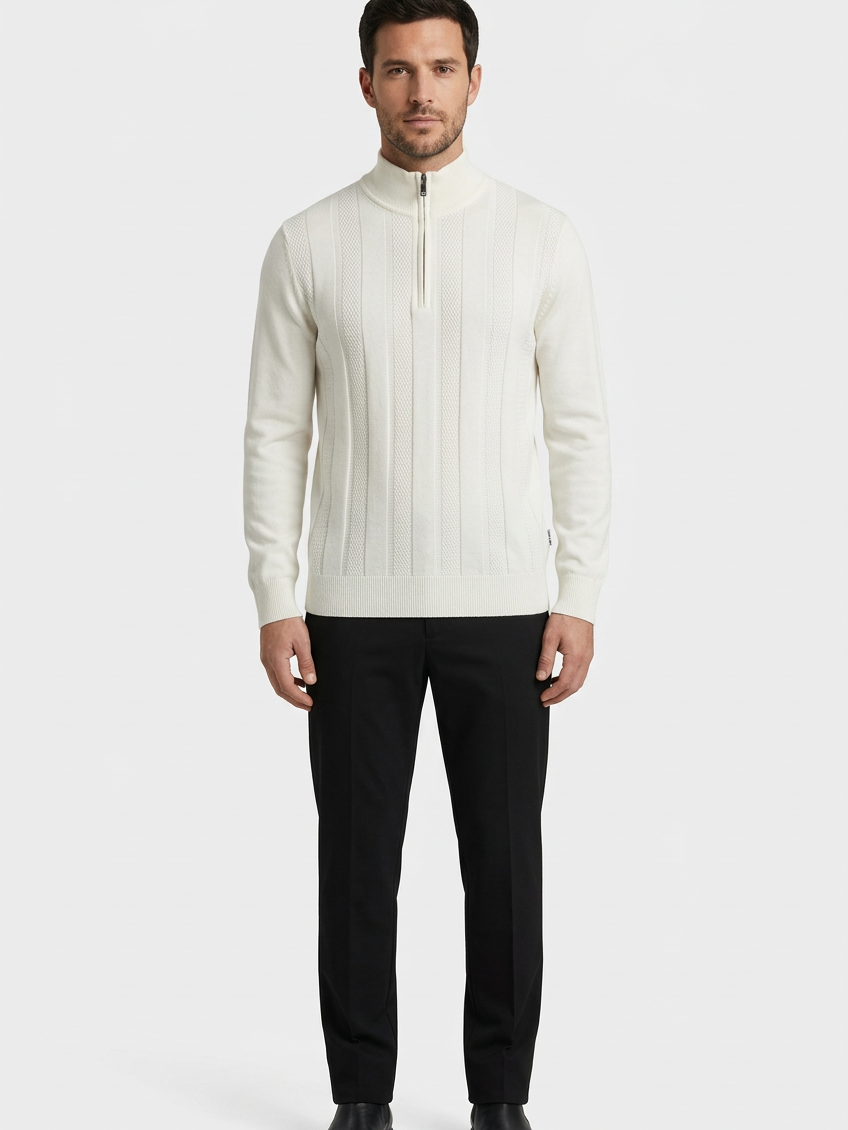 Mist Off White pullover on model, front view