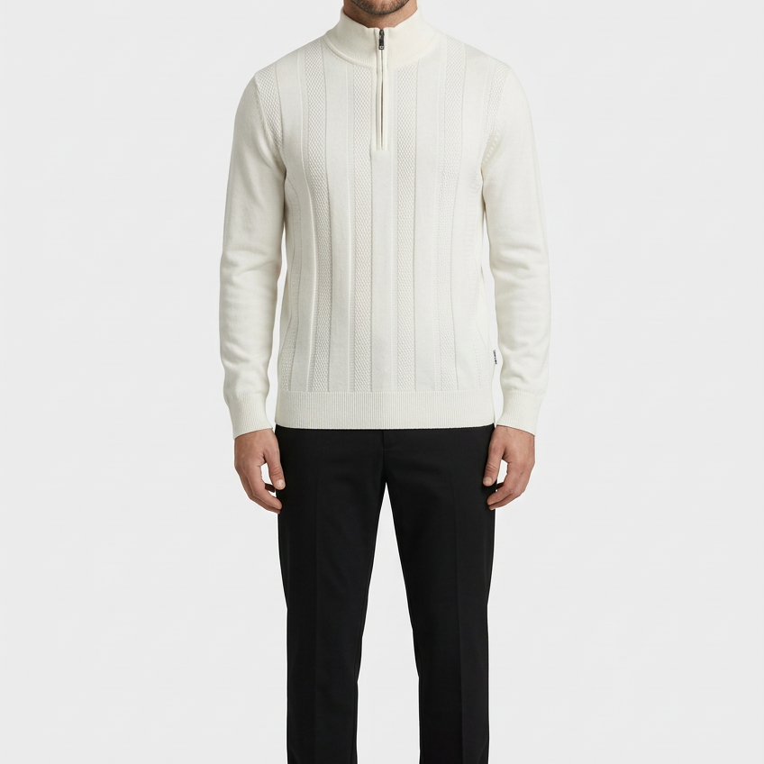 Mist Off White pullover on model, front view