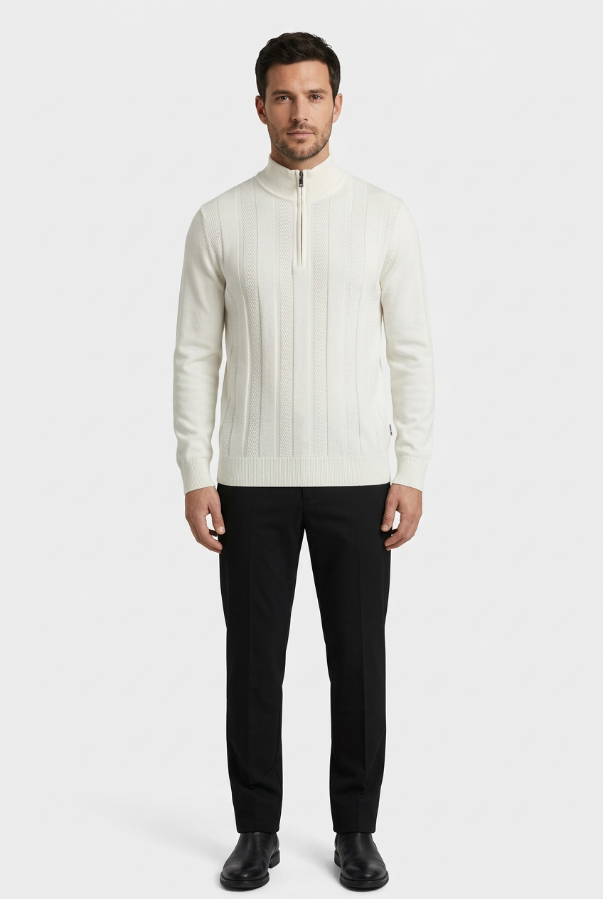 Mist Off White pullover on model, front view