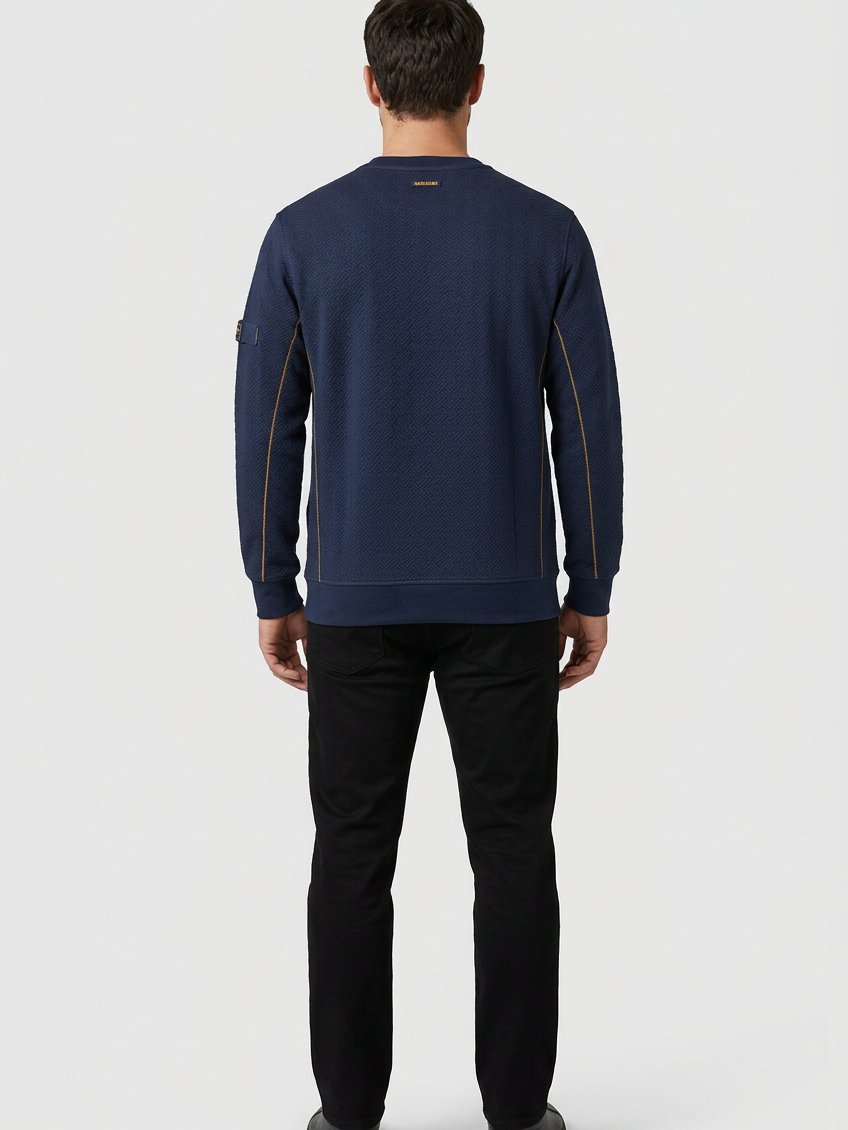 Thuron Navy sweater on model, back view