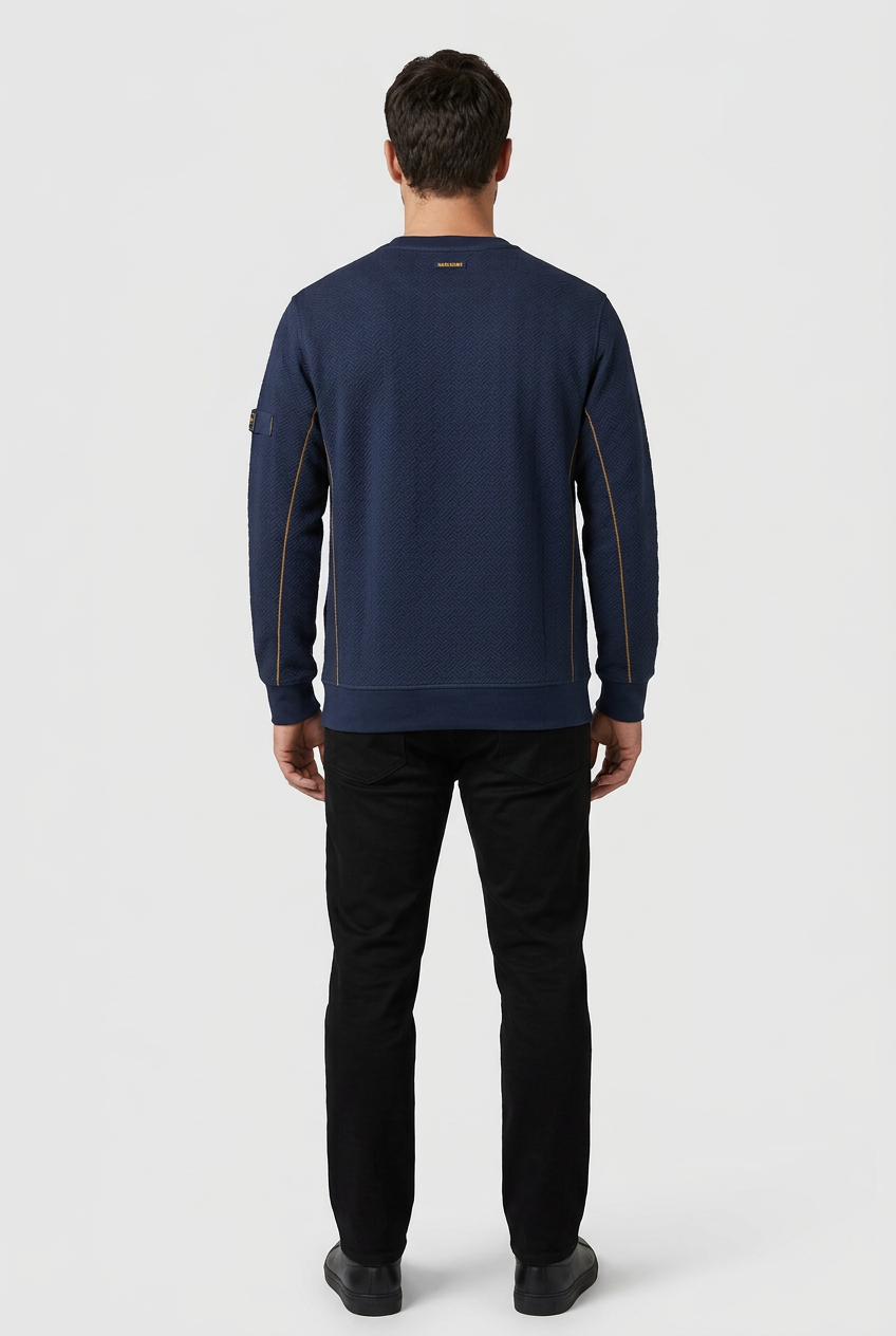 Thuron Navy sweater on model, back view