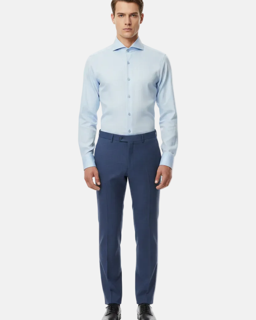 Full body front - light blue shirt first button open