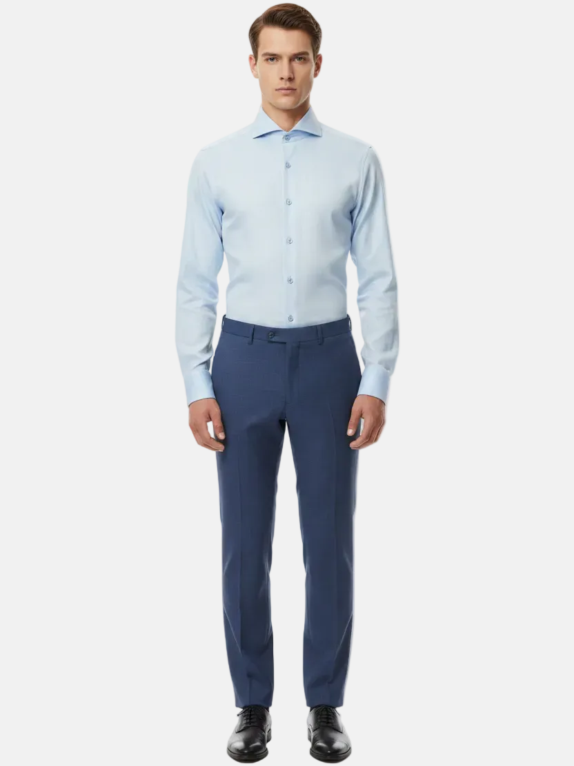 Full body front - light blue shirt first button open