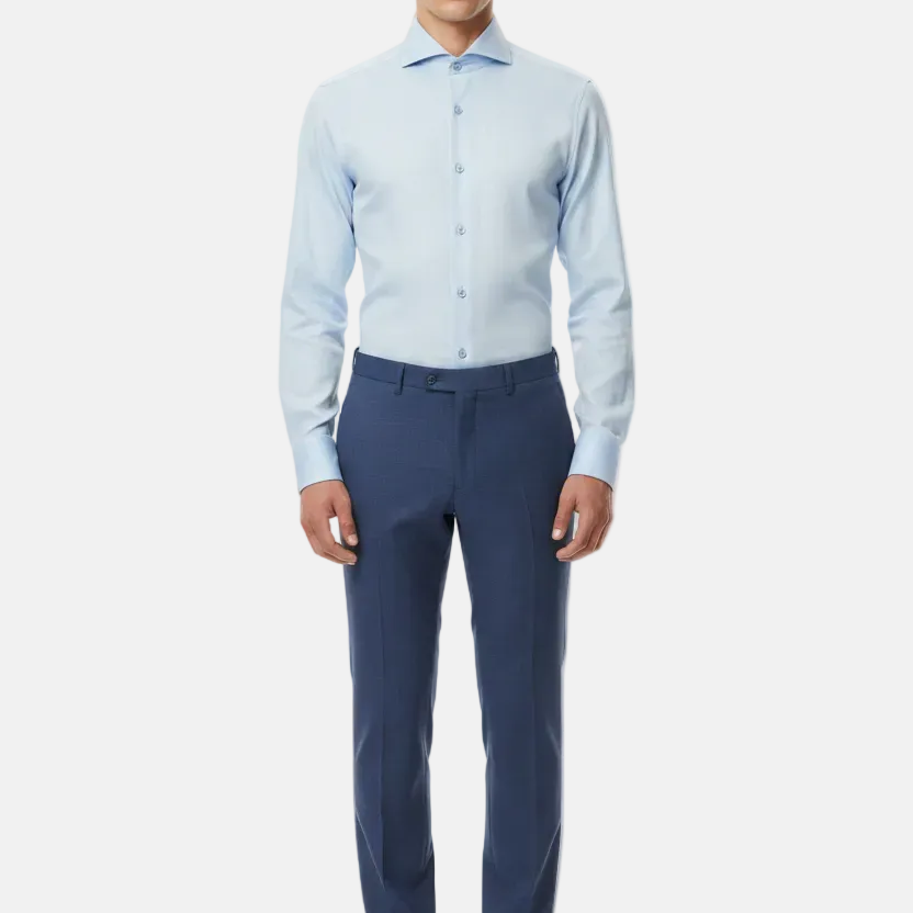Full body front - light blue shirt first button open
