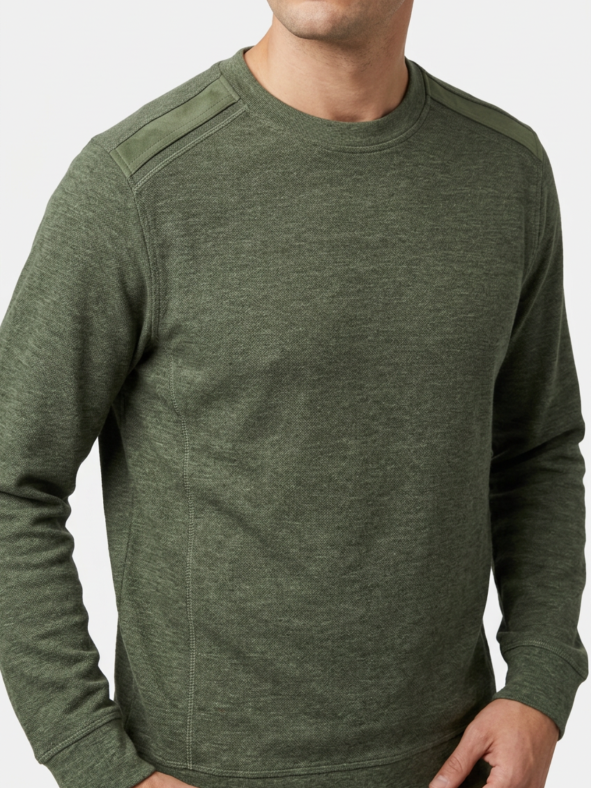 Vurden Dark Green sweater shoulder panels and fabric detail on model