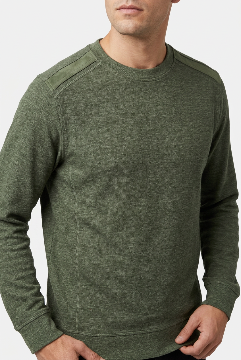 Vurden Dark Green sweater shoulder panels and fabric detail on model