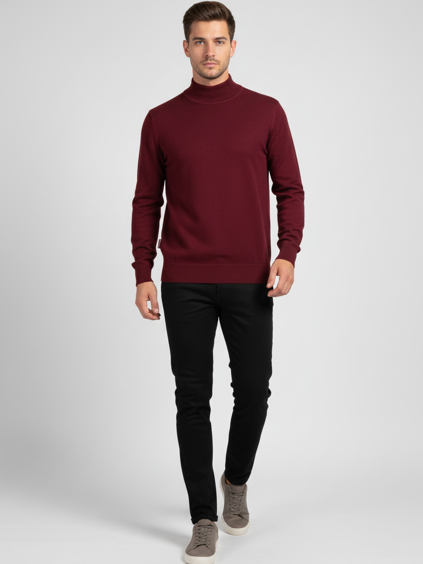 Male model in a walking pose wearing the Wam Denim Lux dark-red mock-neck knit sweater