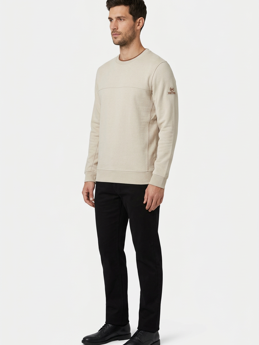 Onvik Beige sweater on model, side view