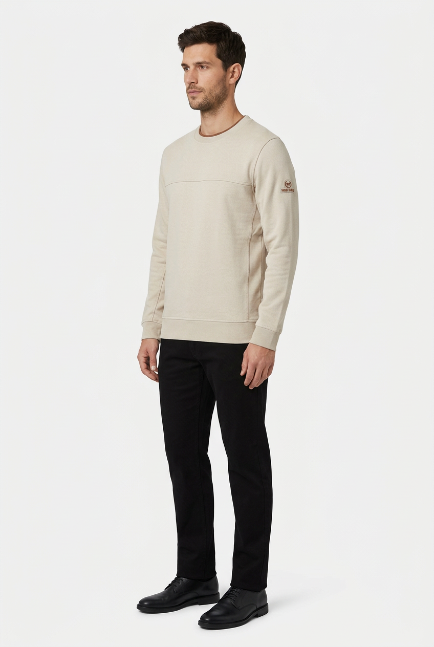 Onvik Beige sweater on model, side view