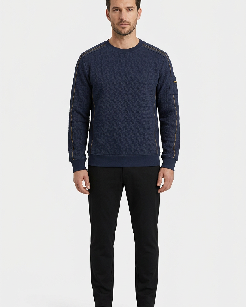 Thuron Navy sweater on model, front view