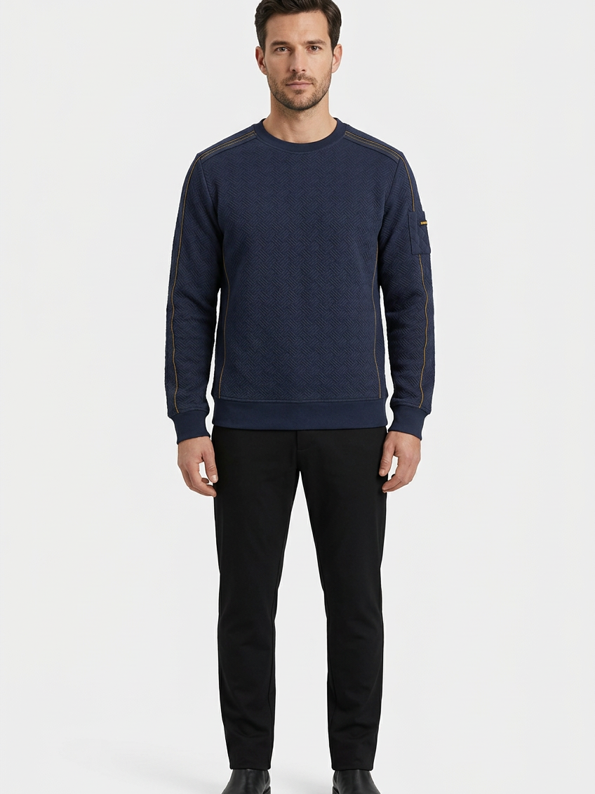 Thuron Navy sweater on model, front view