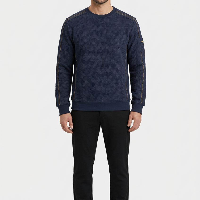 Thuron Navy sweater on model, front view