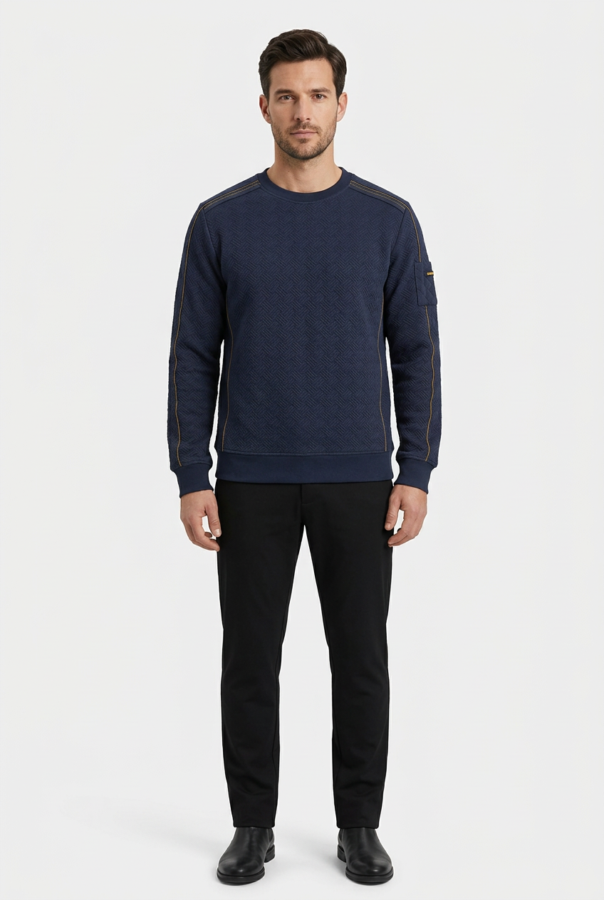 Thuron Navy sweater on model, front view