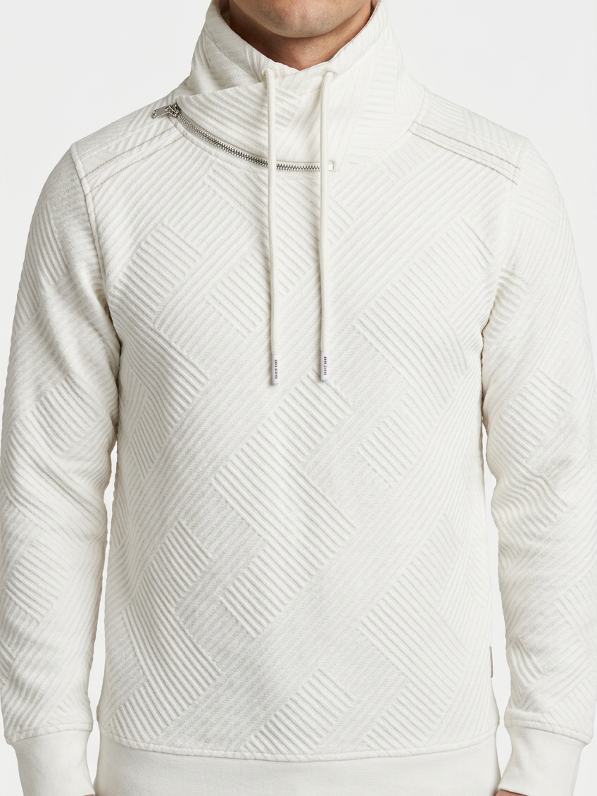 Kavrix Off White sweater collar and texture detail on model