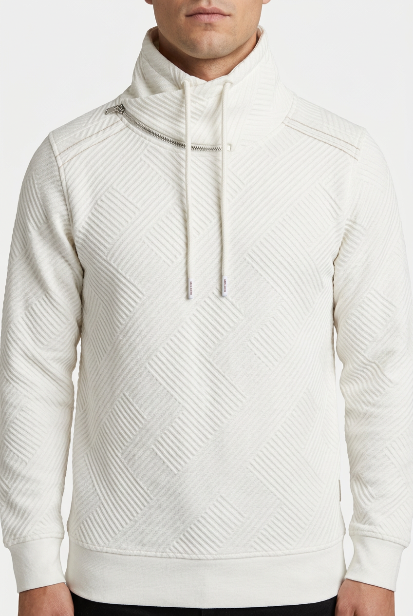 Kavrix Off White sweater collar and texture detail on model