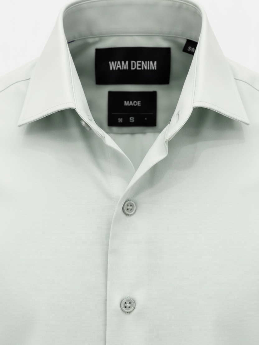 Wam Denim Kalden Mint Shirt – spread collar with white inner lining and navy trim close-up