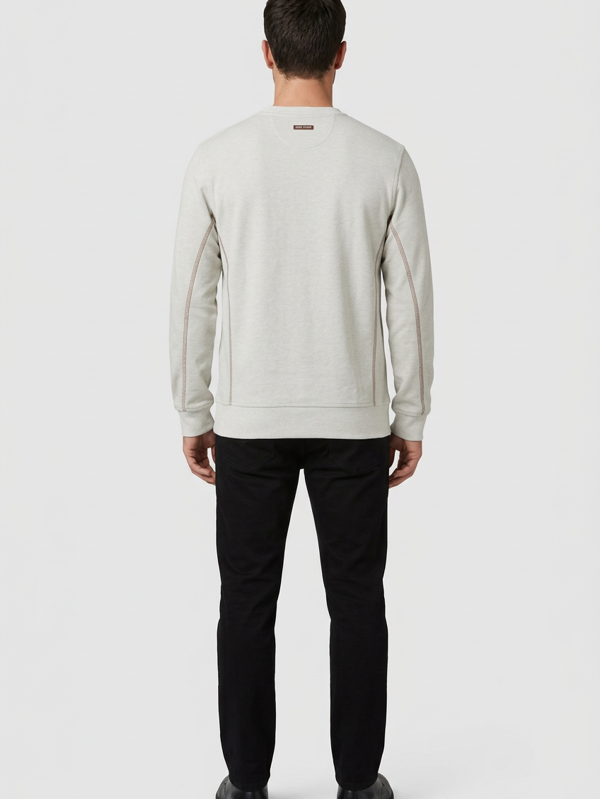 Vurden Grey sweater on model, back view