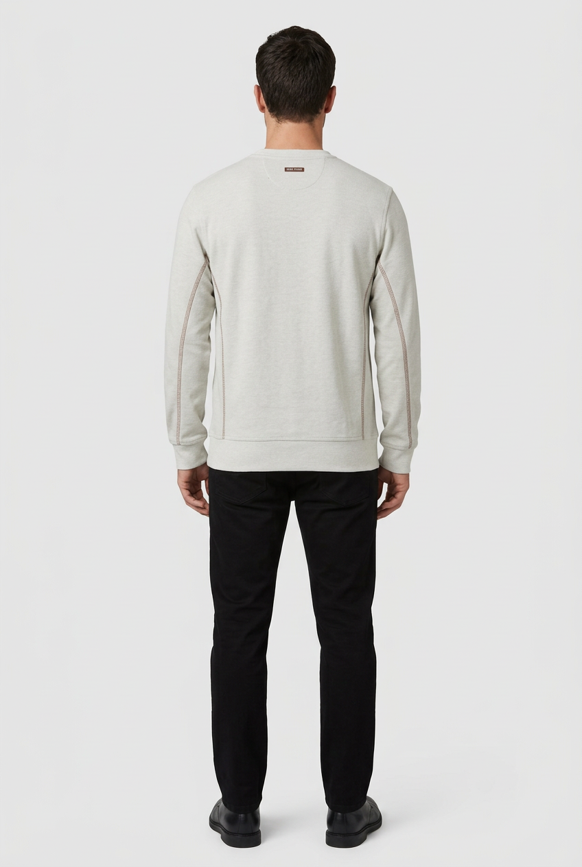 Vurden Grey sweater on model, back view
