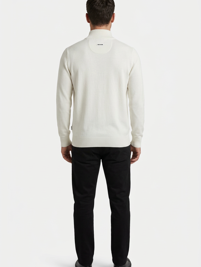 Mist Off White pullover on model, back view