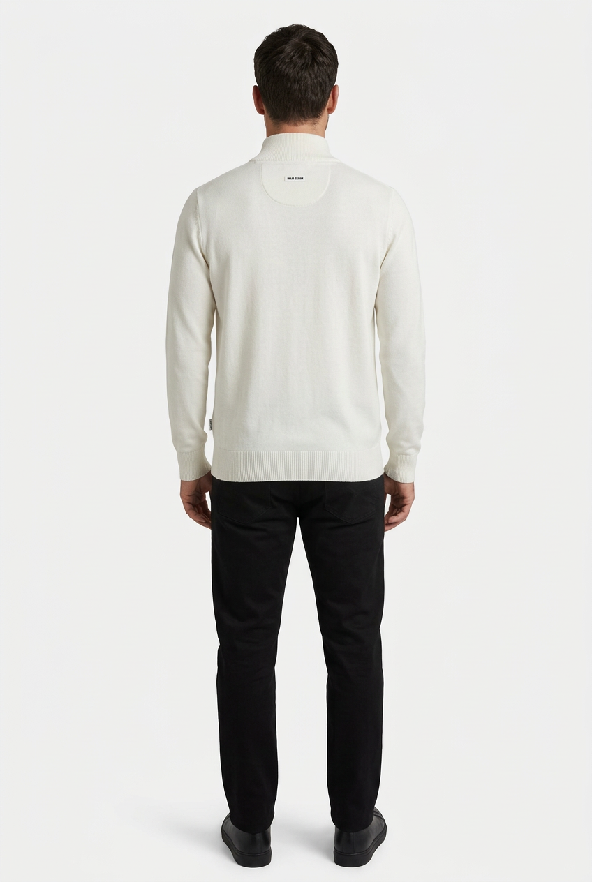 Mist Off White pullover on model, back view
