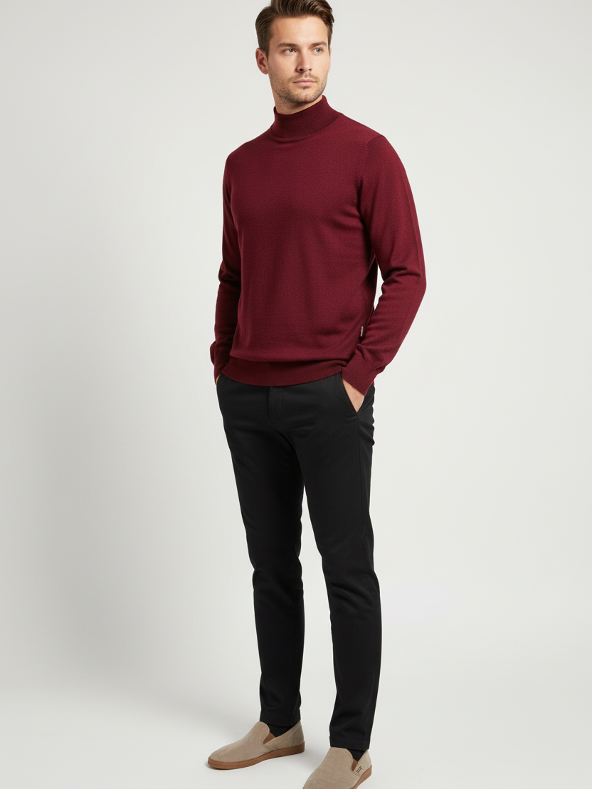 Male model wearing the Lux dark-red mock-neck sweater in a three-quarter view