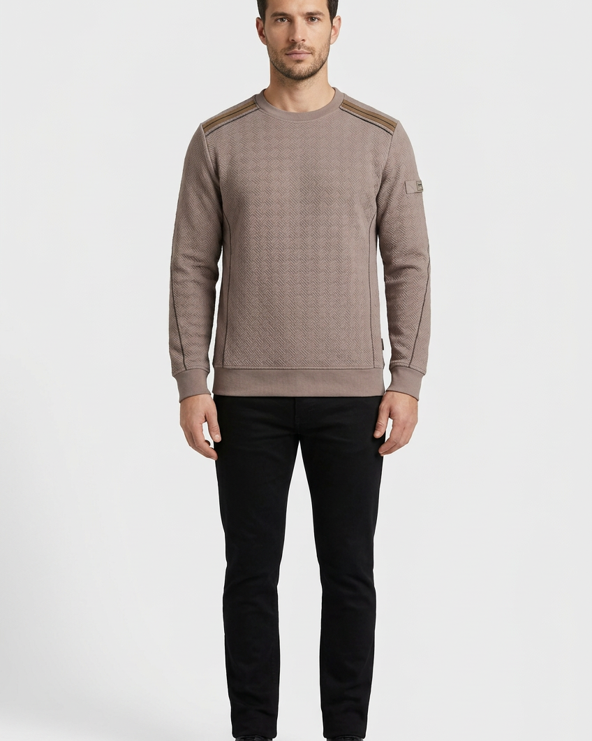 Thuron Light Brown sweater on model, front view