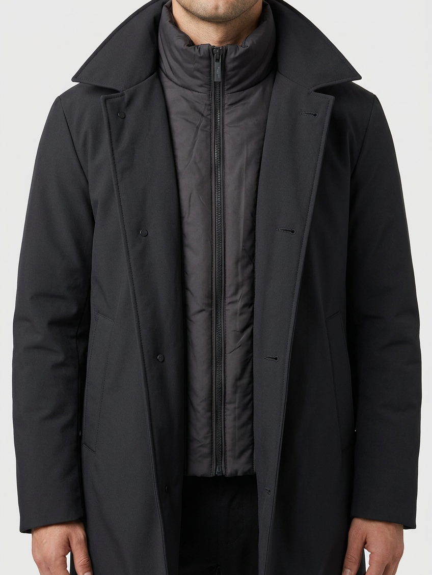 Trek winter jacket open-front collar and inner layer detail