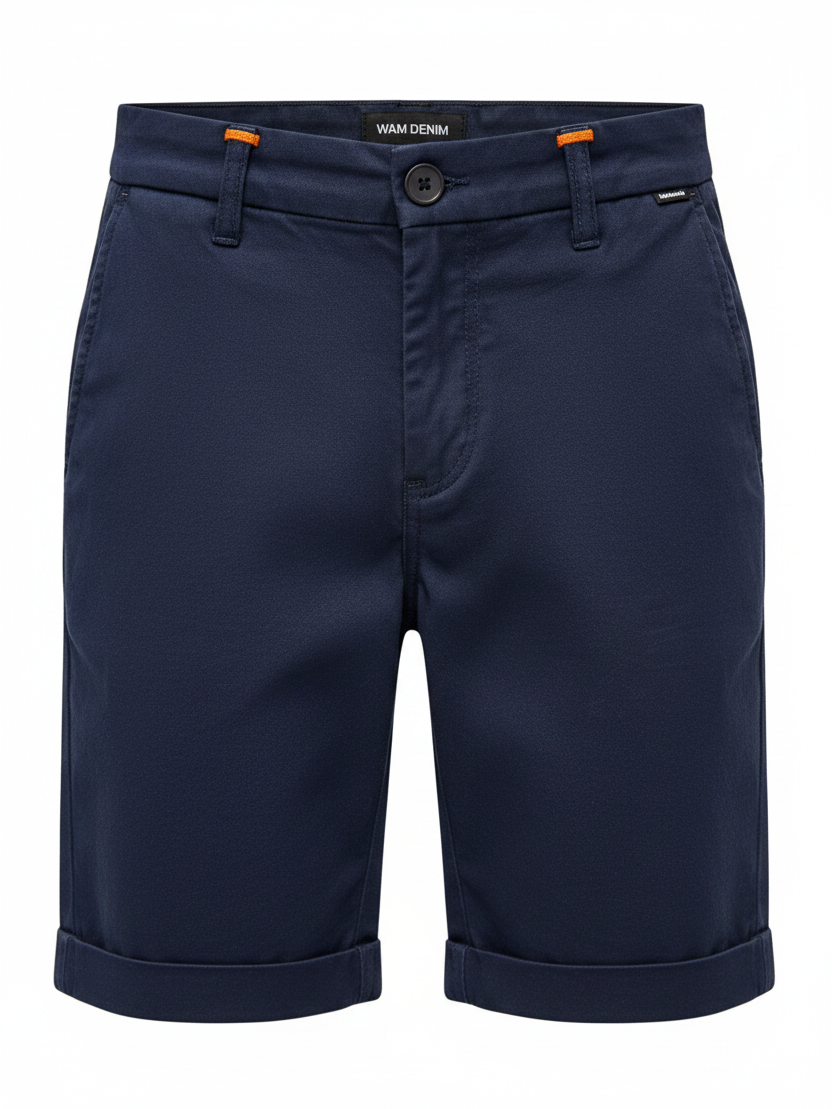 Wam Denim Kelden Navy Chino Shorts – waistband, belt loops and orange accent detail
