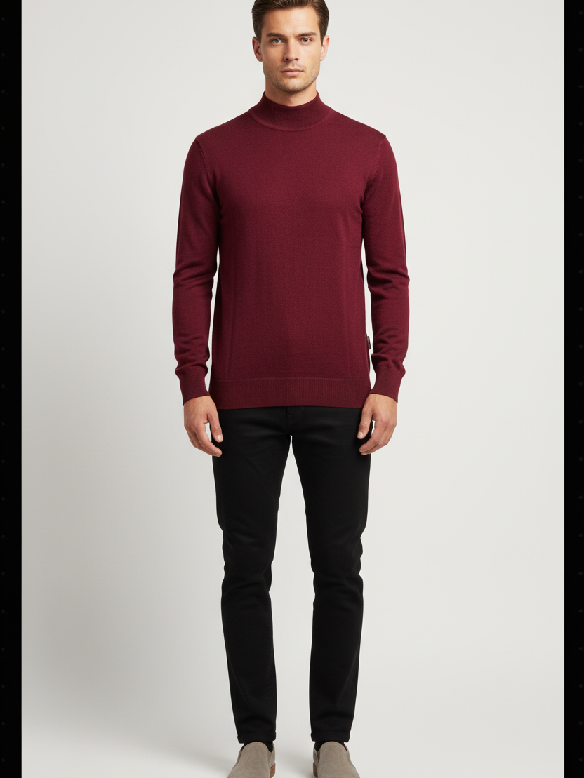 Close view of the high ribbed mock neck and fine-knit texture of the Lux dark-red sweater