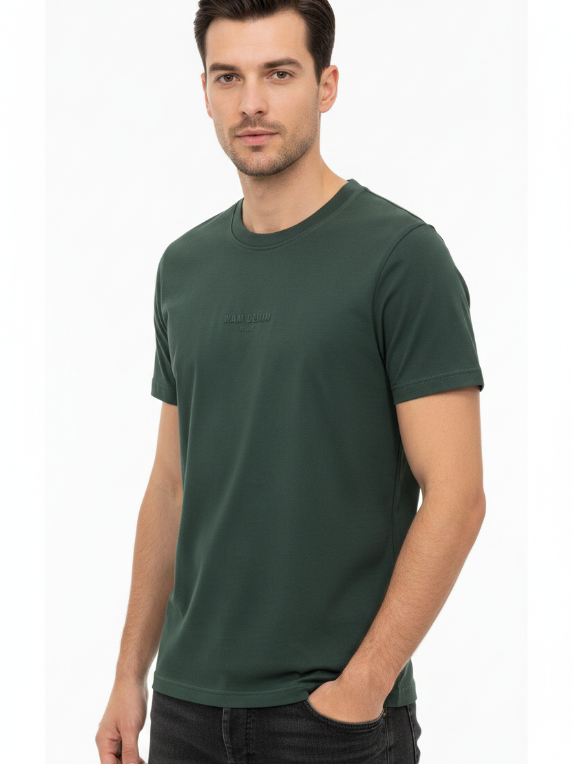 Wam Denim Cromer Dark Green T-shirt – three-quarter view on model