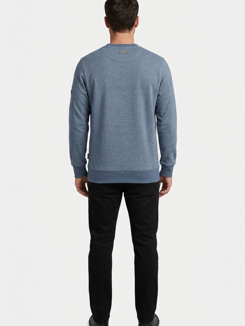 Daelor Blue sweater on model, back view