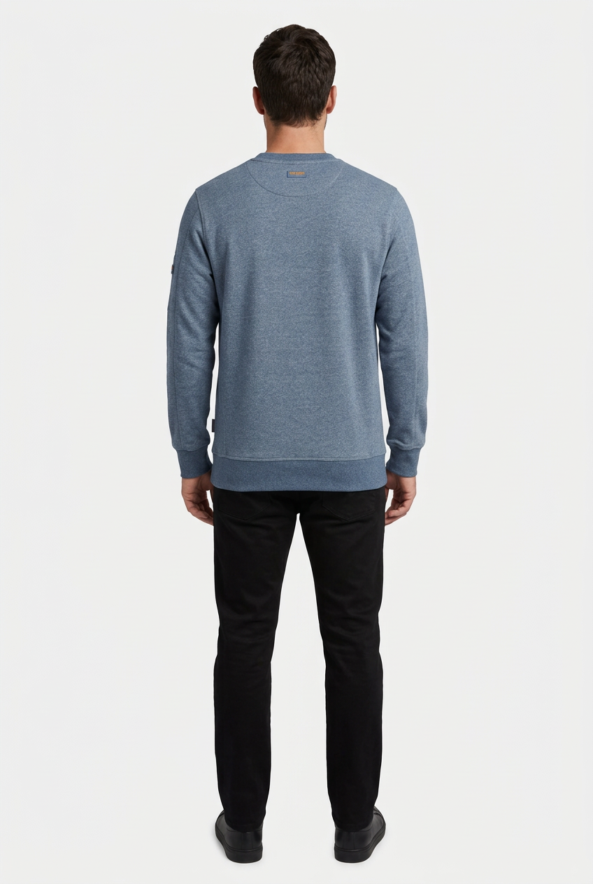 Daelor Blue sweater on model, back view