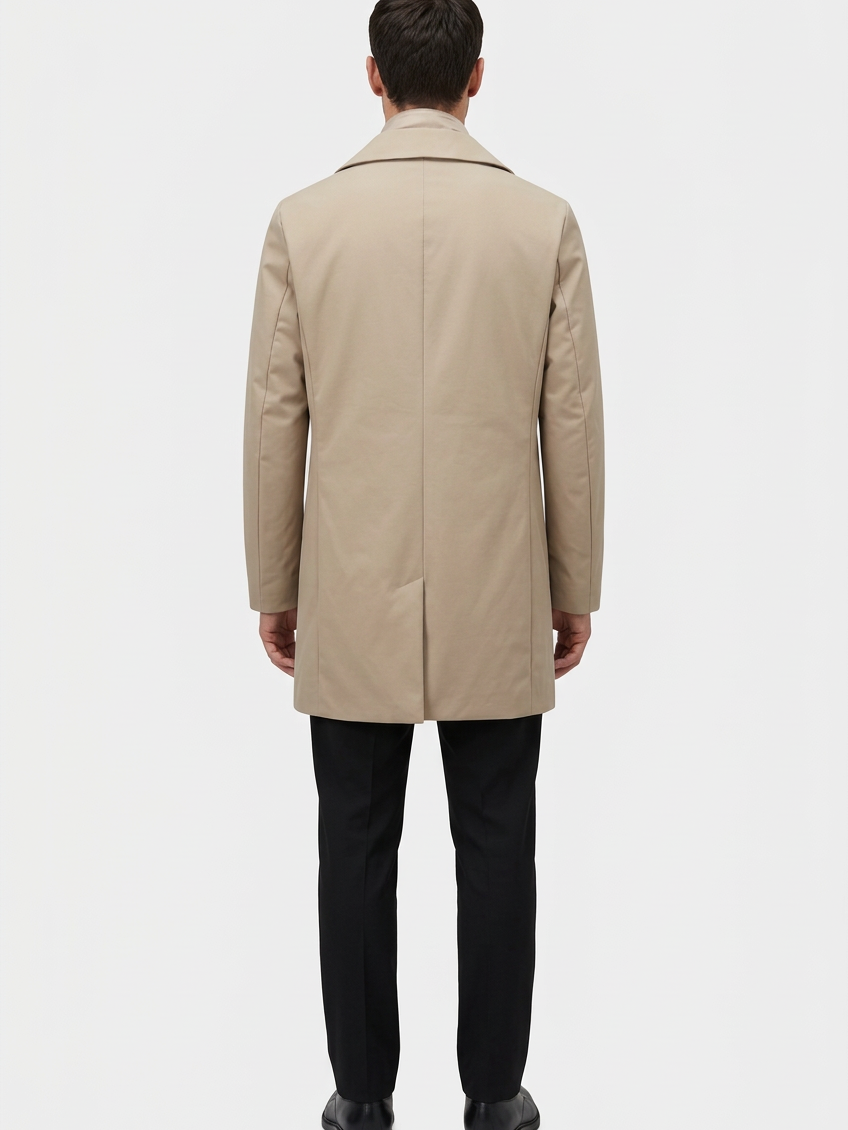Model wearing beige coat, back view