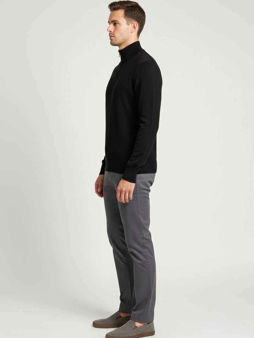 Side view of a male model wearing the Wam Denim Sharp black quarter-zip sweater